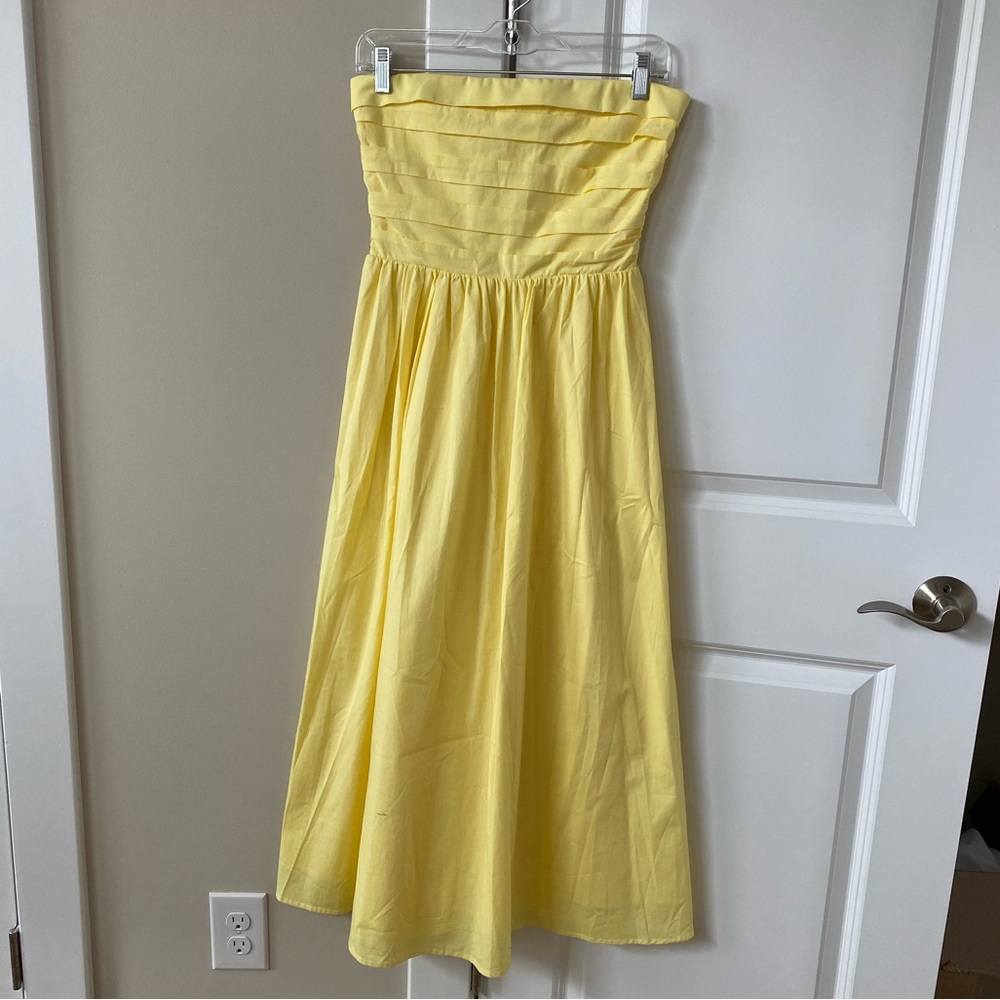 Wayf Yellow Strapless Pleated Bodice Midi Dress